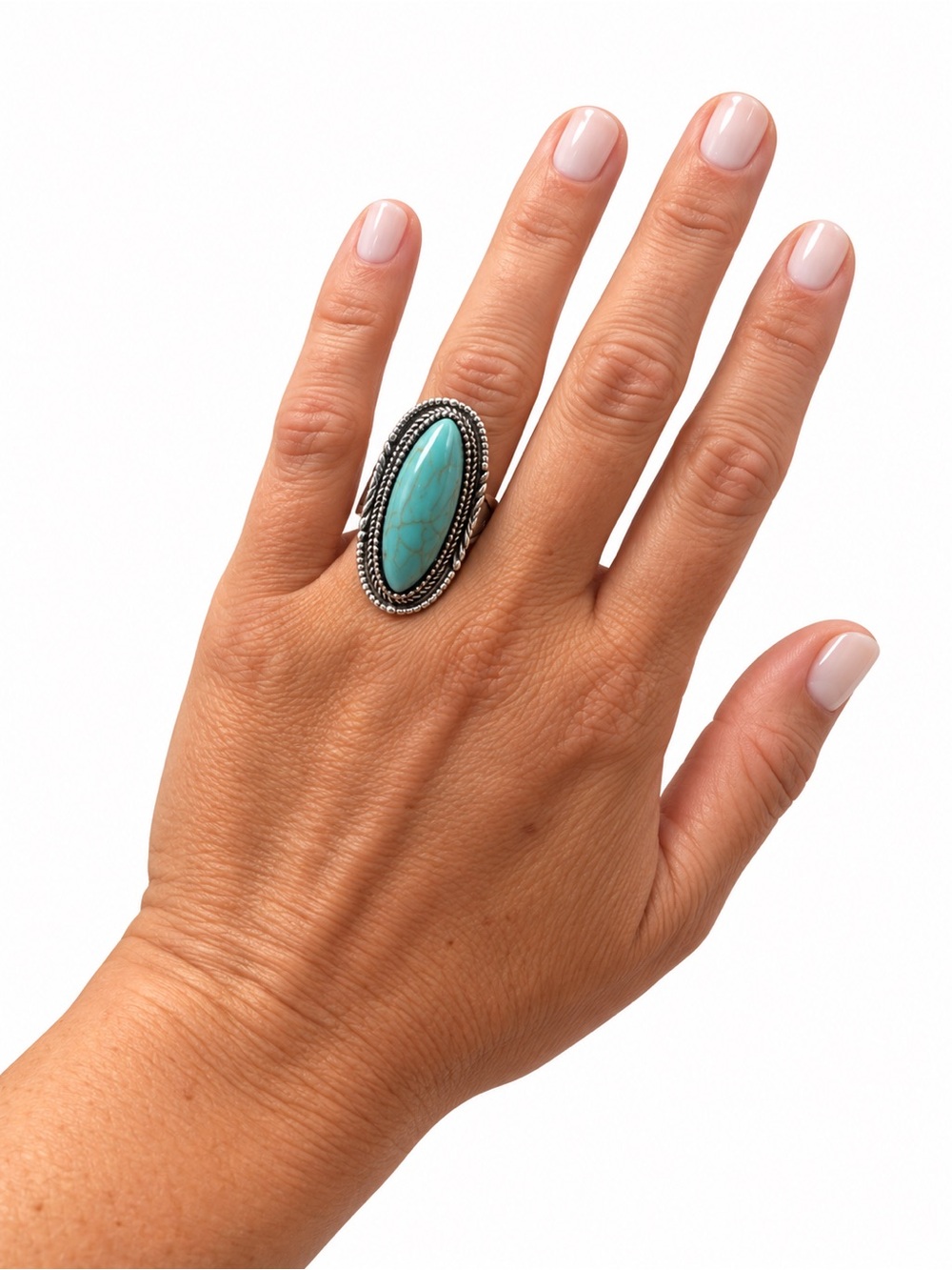 Turquoise Oval Statement Ring - Silver-Tone
